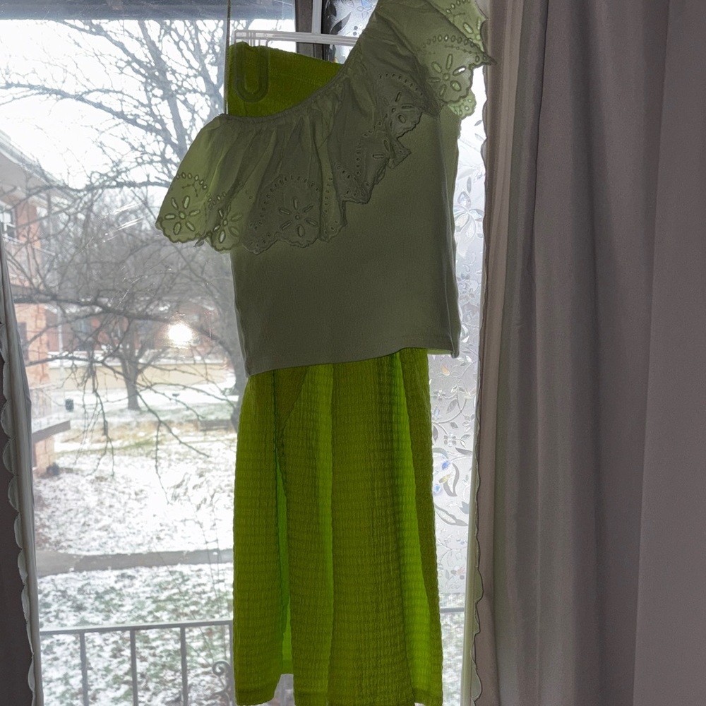 Lime Green One-Shoulder Eyelet Top and Skirt Set